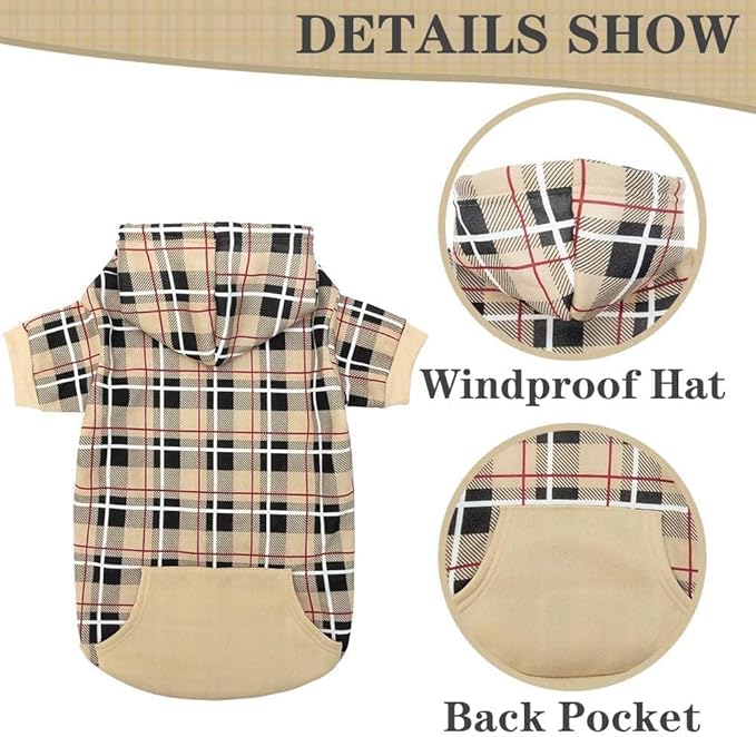 Plaid Dog Hoodie - British Style Warm Dog Sweater Shirt with Leash Hole,Pitbull Clothes Outfits,Winter Coat Apparel for All Breeds Puppy Girl Boy-Cat Apparel,Beige Medium